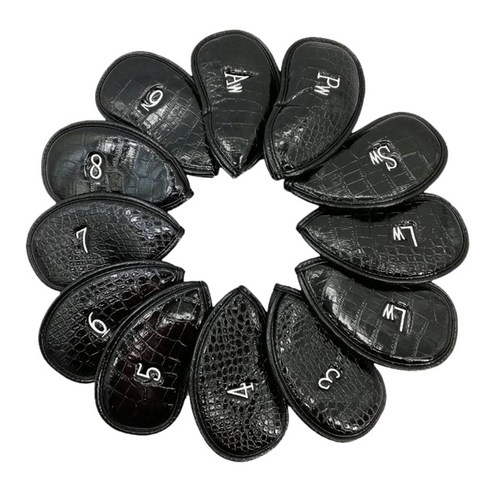 12pcs PU 가죽 골프 클럽 헤드 커버 철 머리 커버 세트, 블랙