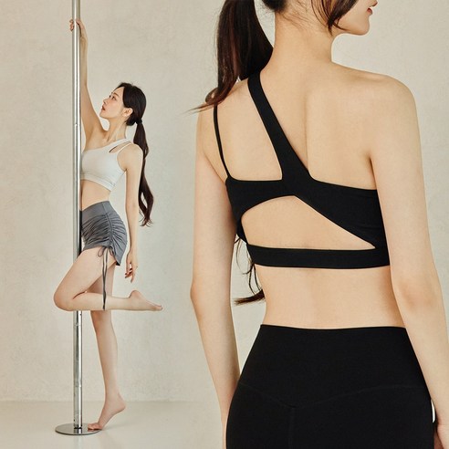 뮤즈마인 - 제이드 원숄더 브라탑 요가 필라테스 폴웨어 의상 폴댄스복 폴키니 운동복 상의 바프 바디프로필용 캡내장 크롭티 헬스, M, 베이지
