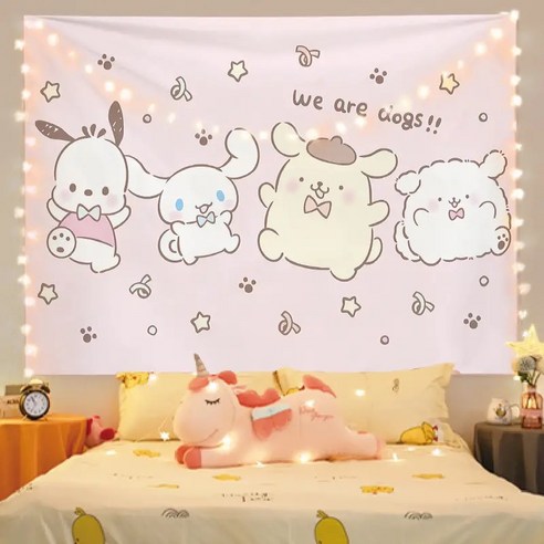 산리오 시나모롤 패브릭 포스터 벽걸이 패턴 가림막 장식 인테리어 포스터 +설치 도구, 4개 강아지