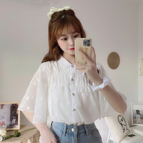 DFMEI 작은 학생 얇은 반팔 라운드 넥 티셔츠 탑의 이른 봄 새로운 한국어 버전