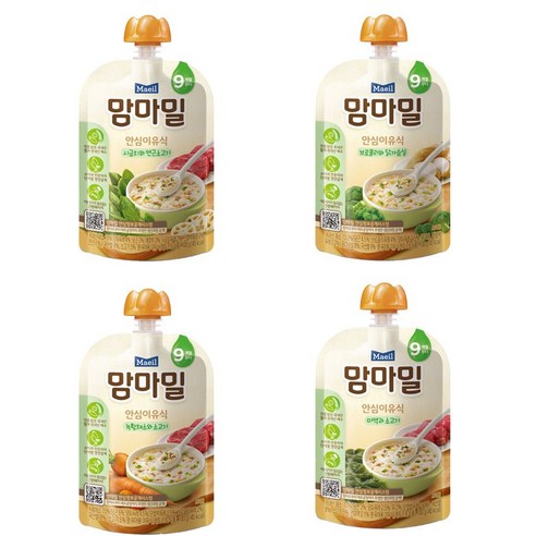 [블루존] 매일유업 맘마밀 안심이유식 9개월 4종 7개입 (미역소고기2 + 녹황채소소고기2 + 브로콜리와닭가슴살2 + 시금치와연근소고기1), 1세트, 1개