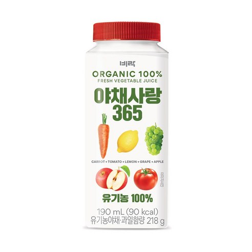 [비락] 유기농 과채주스 야채사랑365 190mL, 24개