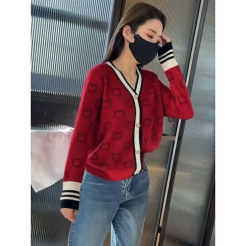 KORELAN 빨강 캐릭터 곰돌이 스웨터 가디건빈티지 무늬 셔츠 소매 조인트 니트