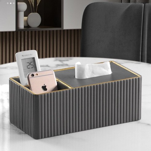 가벼운 고급 티슈 박스 거실 하이 엔드 가정용 간단한 현대 종이 상자 창조적 인 티 테이블 데스크탑 원격 제어 저장 상자, 회색 이탈리아 줄무늬 이중 구획 저장 상자