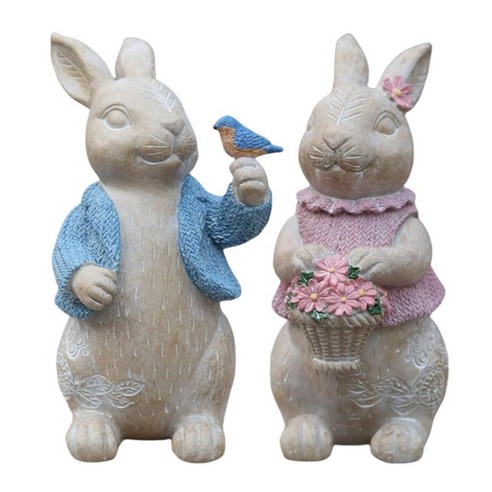 실내 야외 테이블 장식에 대 한 2Pcs 사랑스러운 토끼 동물 동상 그림, 핑크+블루, 수지