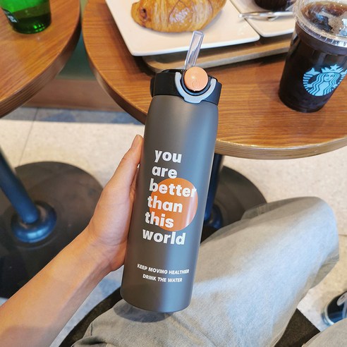 smy보온병 컵 대용량 물 컵 맞춤형 스포츠 간단한 휴대용 여성 학생 성인 탄성 뚜껑, 더 블랙 500ml, 하나