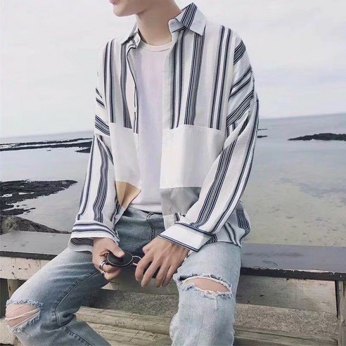 KORELAN 홍콩 셔츠 남자 긴팔 캐주얼 스트라이프 셔츠