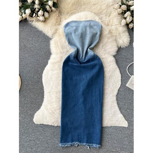 데님 롱원피스 진청 연청 오버롤 멜빵 그라데이션 끈이 없는 드레스 민소매 바디콘 청바지 패션 스플릿 백리스 롱 여름