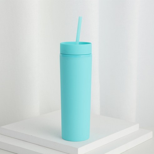 KORELAN 16oz 이중 플라스틱 직통 컵 고무 페인트 직신 빨대 컵 대용량 냉음료 핸드컵, 하늘색