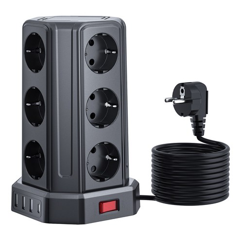Sameriver 타워형 전원 스트립 USB 포트 4개 포함(최대 3.4A/16W 의 USB-A 3+ USB-C) 전기 소켓 12구 스위치 4개 3M 케이블 KC 인증서 취득, 1개, 검은색