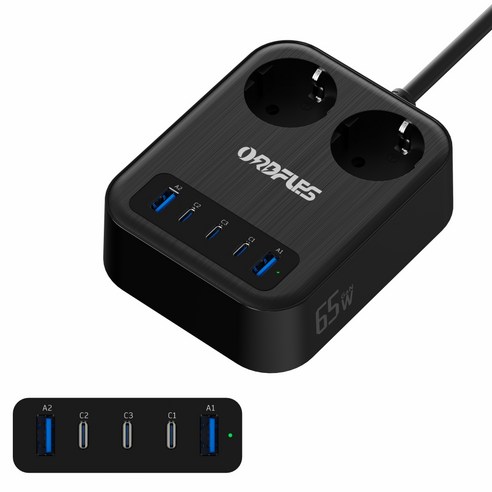 ORDFLES 65W USB급속충전 고속충전 다용도 7-in-1(USB-C 3개 USB-A 2개) 멀티탭 2구 5포트, 블랙, 1개, 2m