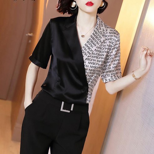 쩐쿠 봄 여성 브이넥 영문 블랙 레이어드 반팔 블라우스 Z182