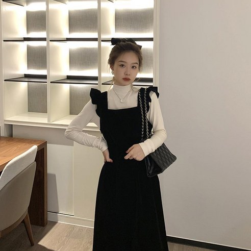 빅사이즈 여성복 2022 가을·겨울 플라잉 소매 벨벳 멜빵 원피스 반 터틀넥 티셔츠 블라우스 세트