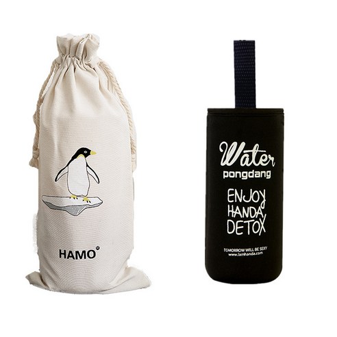 하미 해양 시리즈 고래 컵 창의 유리 물병 대용량 남자 여자 상큼하고 심플 물컵, 펭귄1000ml+포대+컵커버, 901ml