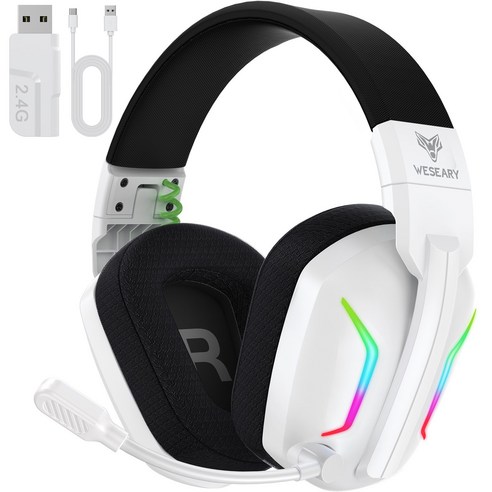 WESEARY 게이밍 헤드셋 무선 RGB 3모드 노이즈 캔슬링 마이크 3D, 화이트그린, 7.1
