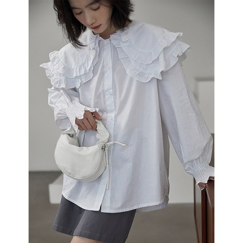 SU 프릴 더블 레이어 인형 칼라 화이트 셔츠 여성 디자인 감각 틈새 봄과 가을 느슨한 한국 스타일 모든 매치 셔츠