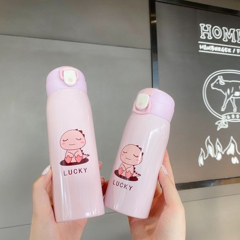 귀여운 패턴 휴대용 멜빵 텀블러 귀여운 캐릭터 물컵 맞춤형 창의력 스테인리스강 주전자, 핑크/핑크, 500ml