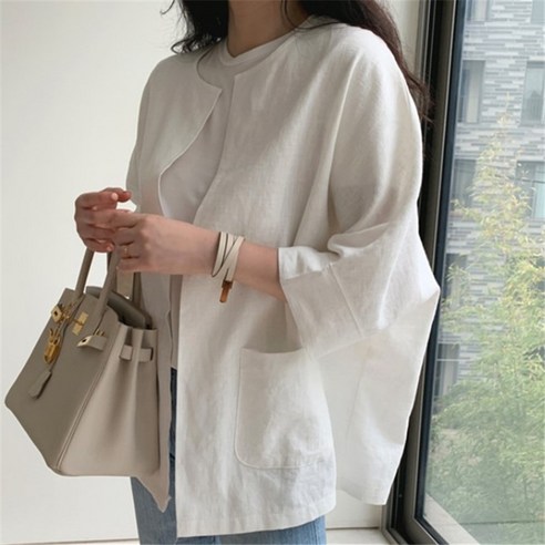 BIKASU 여성 베이직 쿨 면마 여름 자켓 빅사이즈 오버핏 노카라 린넨자켓 아우터