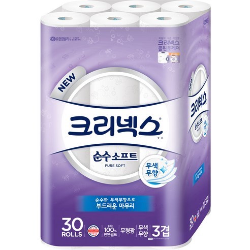 크리넥스 천연펄프 순수 3겹 소프트 롤화장지 27M, 30롤, 1팩