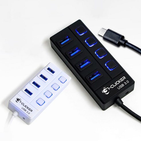 지클릭커 GHUB-S4 PLUS LED 개별 전원 스위치 USB 3.0 C타입 4포트 허브 화이트