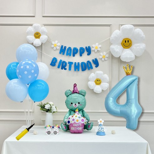 연지마켓 데이지 곰돌이 생일 파티 숫자 풍선 가랜드 세트, 4, 1세트, 베어 블루 4