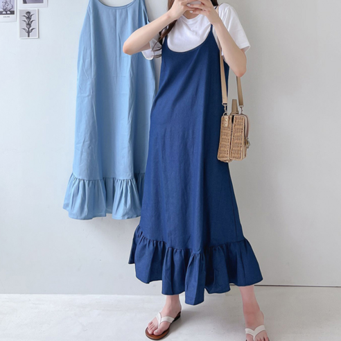 캣츠원피스 / 끈나시 데님 뷔스티에 롱원피스 데님롱원피스