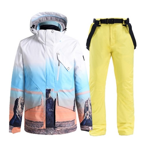 남녀 모두 적용 가능한 스키복 세트로 방풍방수 통기원단 스키 재킷과 팬츠로 따뜻하고 두툼한 고퀄리티 아우터룩입니다