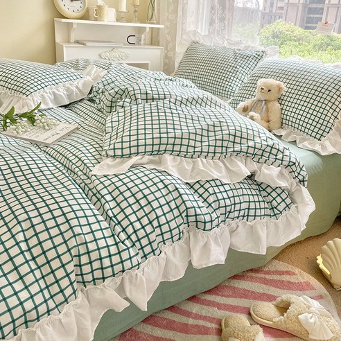 한식 공주풍 산뜻한 레이스 전원 꽃무늬 침대 위 4가지 세트 면 순면 이불 세트 1.8m 침대 스커트, 페퍼민트