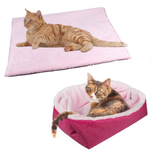 모피 고양이 침대/매트(컨버터블) 자가 온난화 고양이 매트 고양이용 경량 모피 애완 동물 침대 강아지 고양이 침대 매트 기계 빨 강아지 침대 실내 고양이 집 바닥, 분홍색