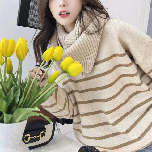 나른한 바람 무더기 칼라 코트 루즈한 니트 셔츠 스트라이프 마른 스웨터 블라우스
