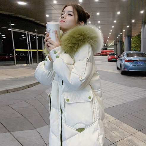 겨울 대비 색 대형 모피 칼라 코튼 패딩 코트 여성 한국 스타일 중간 길이 두꺼운 따뜻한 빵 코트 코튼 패딩 코트