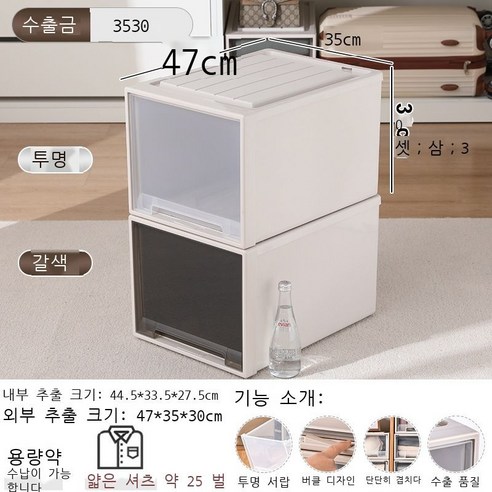 옷 수납함 플라스틱 서랍식 수납함 투명 데스크톱 거실 옷장 보관함 수납장 정리함, 투명한 모양, [3530] 깊이 47* 너비 35* 높이 30cm