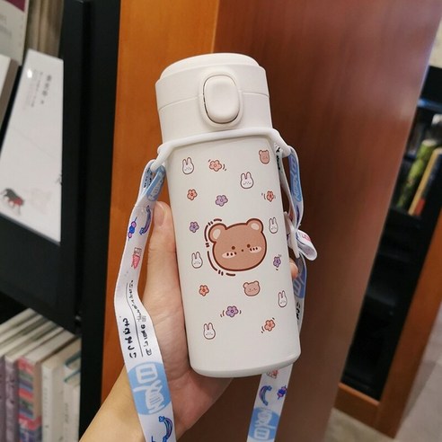 smy보온병 컵 여성 학생 심플한 찾고 휴대용 한국어 휴대용 귀여운 인터넷 연예인 Ins 스테인레스 스틸 컵, 전체헤드/320ml+스트랩, 하나