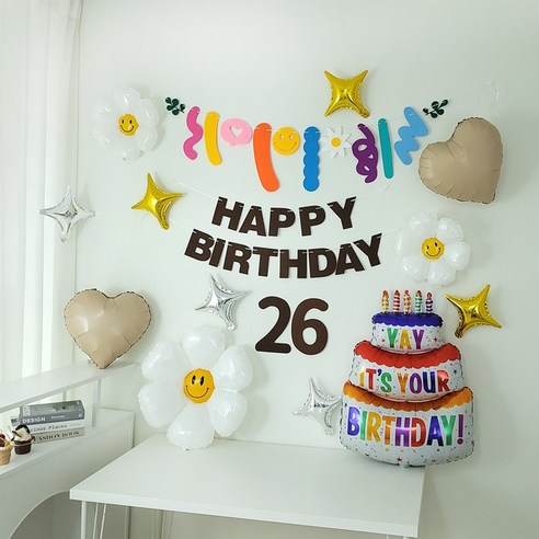 브라운가랜드 숫자펠트 데이지풍선 대형생일케익풍선 생일파티용품 세트, 1세트, 26번세트