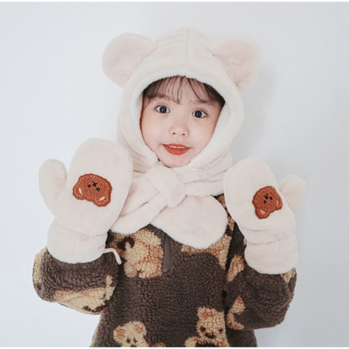 [리치픽] 아동 보송 곰돌이 벙어리 장갑 겨울용품 어린이 키즈장갑 애기 페이크퍼 양모 보온 겨울