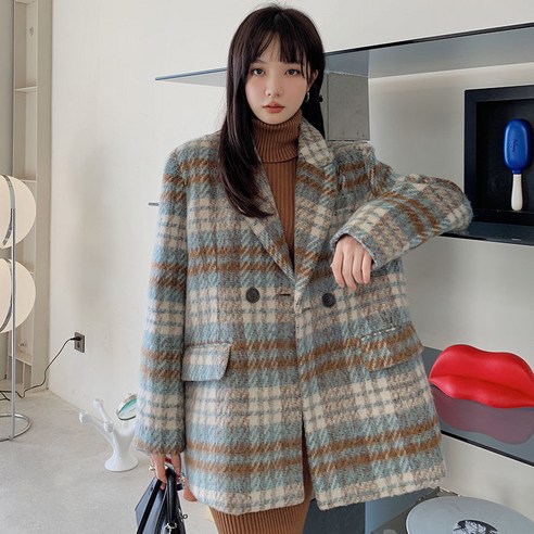 KORELAN프리미엄 모직 재킷 키다리 년 겨울 도톰한 미디엄 롱 체크 재킷 나사 코트