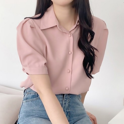 링클프리 어깨 퍼프 셔링 콩단추 하객룩 오피스 반팔 블라우스