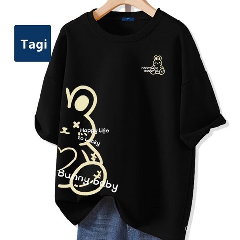 S~5XL 남자 여자 캐릭터 순면 반팔 티셔츠 빅사이즈 롱티 토끼 라운드티 오버핏 반팔티 남녀공용 커플티