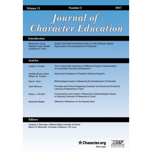 (영문도서) Journal of Character Education Volume 13 Issue 2 2017 Paperback, Information Age Publishing, English, 9781641132190