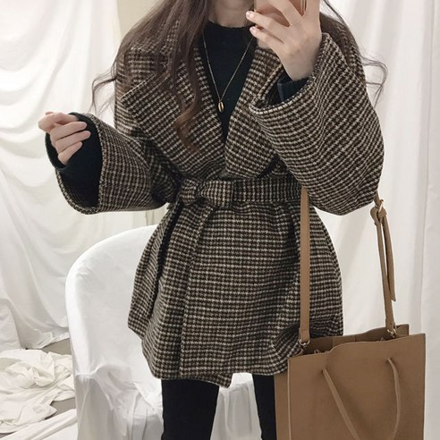 뉴욕멋쟁이 오디드 오픈 체크자켓 벨트세트 여성 겨울자켓 코트