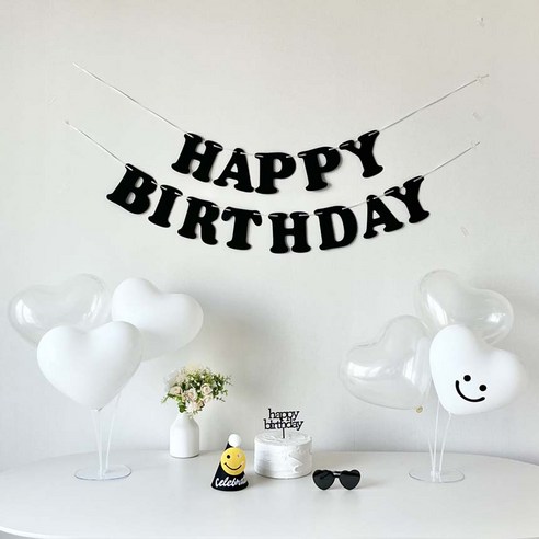 연지마켓 생일 가랜드 하트 풍선 파티 용품 세트 (레터링포함), 1세트, 블랙가랜드 스마일 스티커
