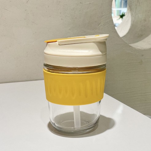 사랑스러운 비주얼 ins풍 한 잔 더블 유리 커피잔 남녀 빨대 휴대용 물컵, 노란색 미니(더블 음료), 301-400ml