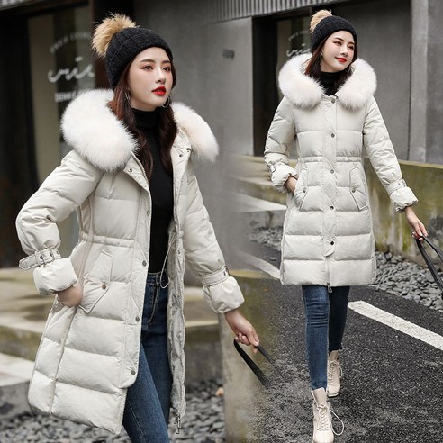 화이트 오리 겨울 새로운 두꺼운 재킷 여성 한국어 스타일 닫기 피팅 허리 오버 무릎 긴 자켓