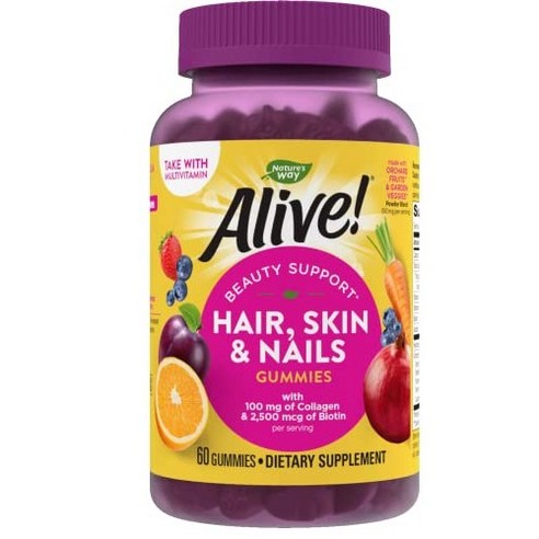 Nature’s Way Alive! Hair Skin & Nails Gummies with Biotin and Collagen Beauty Support* Strawberry Flavored 60 Gummies, 60 Count (Pack of 1), 60개, 1개 얼라이브비오틴구미 Best Top5