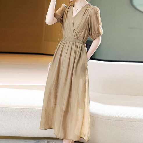 더벨러리 여성 반팔 롱 랩 원피스 BKO4191 퍼프 소매