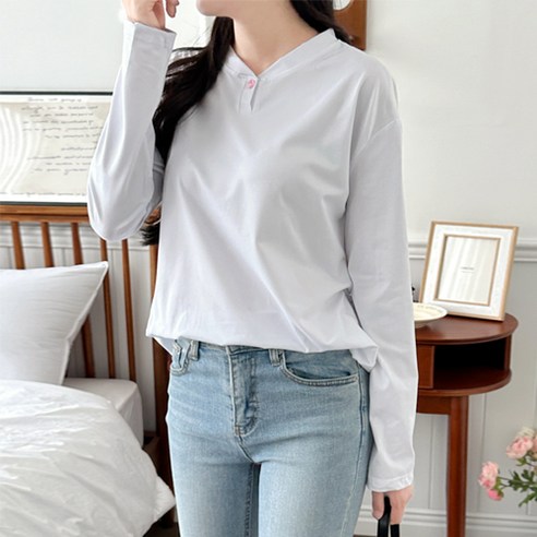 봄과 가을철 필수 아이템: 클라민 여성 헨리넥 무지 티셔츠 2p