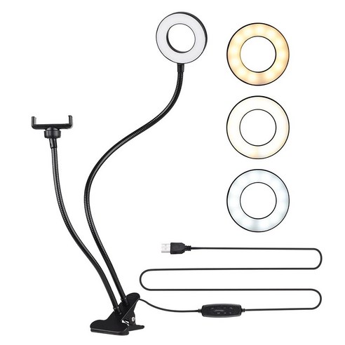 휴대폰 홀더가 있는 셀카 링 라이트 라이브 스트림/메이크업용 스탠드 LED 카메라 조명 유연한 팔이 있는 3등 모드, Black