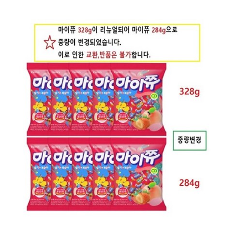 크라운 마이쮸 딸기+복숭아맛 328gX10봉(1BOX), 10개, 284g