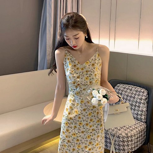 Mao여성용 한국식 드레스 봄과 여름 새로운 패션 닫기 피팅 슬리밍 서양식 나이 감소 꽃 서스펜더 드레스