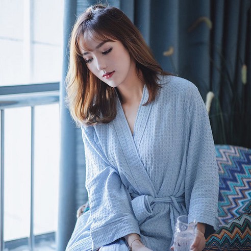DFMEI-Y 봄 여름 가을 겨울 커플 남녀 잠옷 중간 길이 긴 소매 단색 가운 긴 잠옷 여성 호텔 스타일, M, DFMEI 하늘색 여성